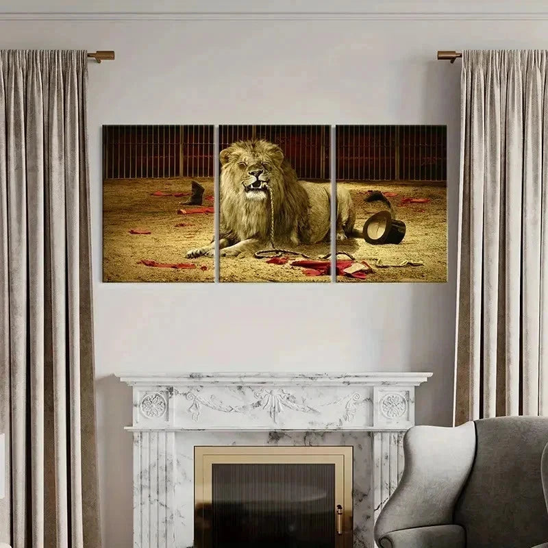 3pcs Lion in a Circus Show Modern Wall Art Set Canvas Framed 40x60cm - High Quality Print 100% Australian Made Wall Canvas Ready to Hang