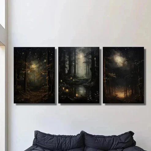 3pcs Gothic Night Sky & Mysterious Woodland Wall Art Set Canvas Unframed - High Quality Print 100% Australian Made Wall Canvas