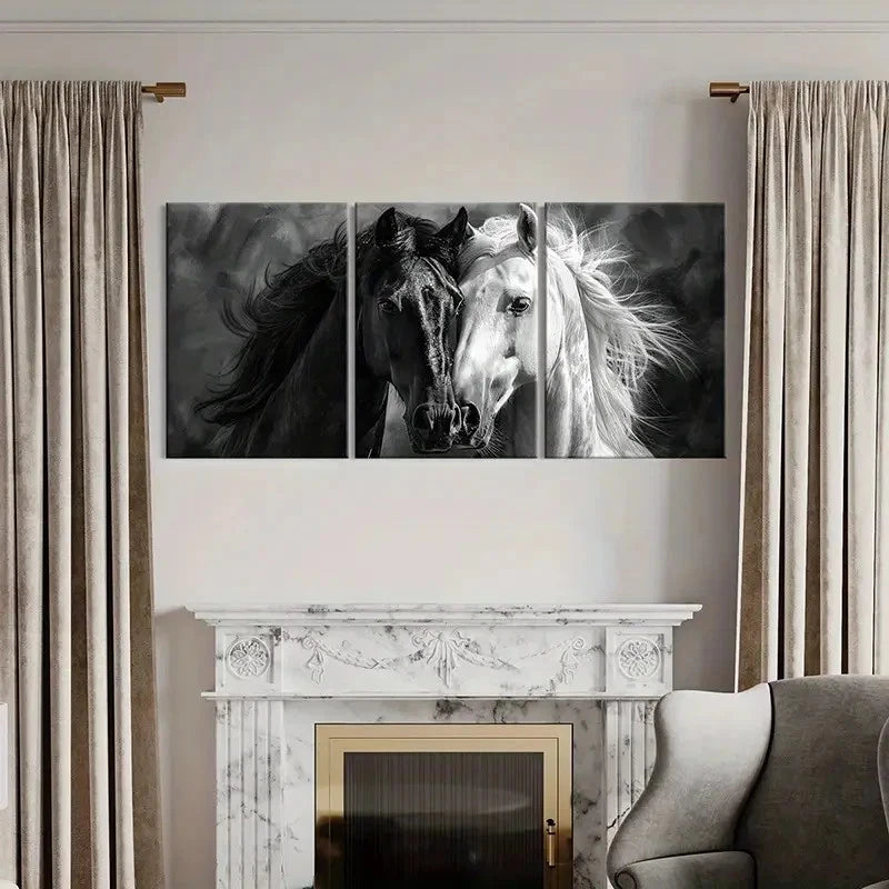3pcs Black & White Animal Horses Artwork Wall Art Set Canvas Framed 40x60cm - High Quality Print 100% Australian Made Wall Canvas Ready to Hang