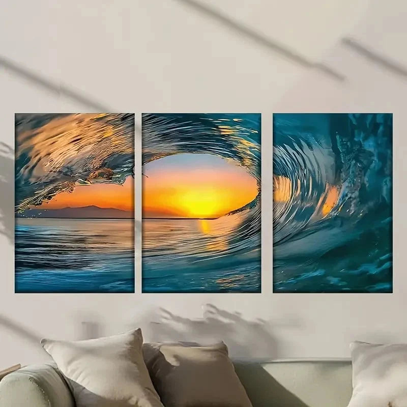 3pcs Waves in The Ocean During Sunset Wall Art Set Canvas Framed 60x90cm - High Quality Print 100% Australian Made Wall Canvas Ready to Hang