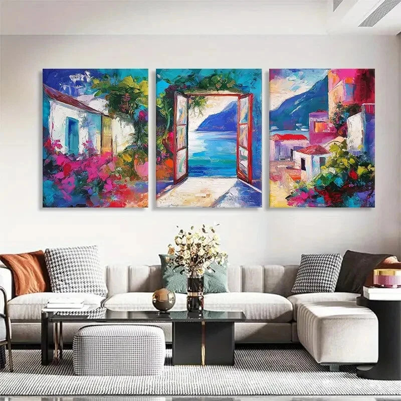 3pcs Mediterranean Village Vibrant Perfect Wall Art Set Canvas Framed 40x60cm - High Quality Print 100% Australian Made Wall Canvas Ready to Hang