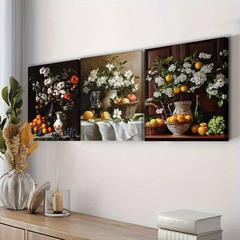 3pcs Fruit, Flowers, And A Jug Floral Wall Art Set Canvas Framed 40x60cm - High Quality Print 100% Australian Made Wall Canvas Ready to Hang