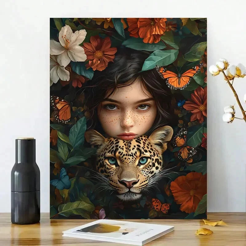 Leopard And a Girl in Love Colorful Flowers Butterflie 40x60cm Metal Print Ready to Hang