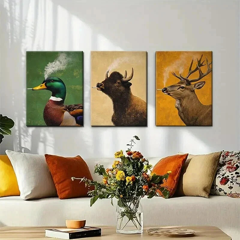 3pcs Vintage Animal Retro Style Triptych Perfect Wall Art Set Canvas Framed 40x60cm - High Quality Print 100% Australian Made Wall Canvas Ready to Hang