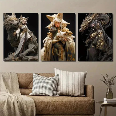 3pcs Anime Fantasy Golden Female Characters Wall Art Set Canvas Unframed - High Quality Print 100% Australian Made Wall Canvas