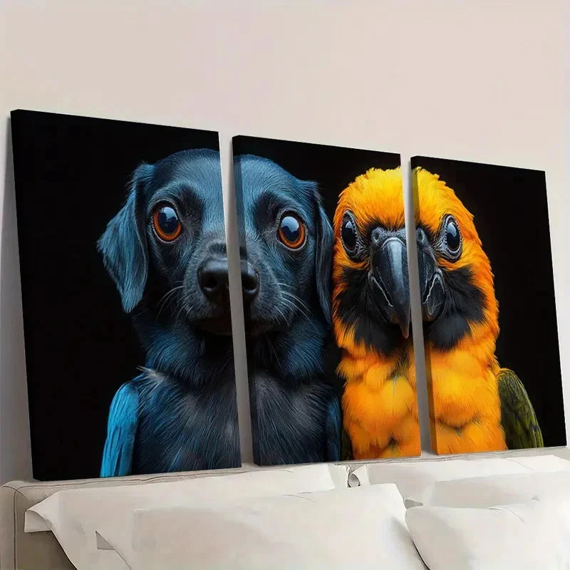 3pcs Dachshund and Parrot Yellow and Blue Wall Art Set Canvas Framed 50x70cm - High Quality Print 100% Australian Made Wall Canvas Ready to Hang