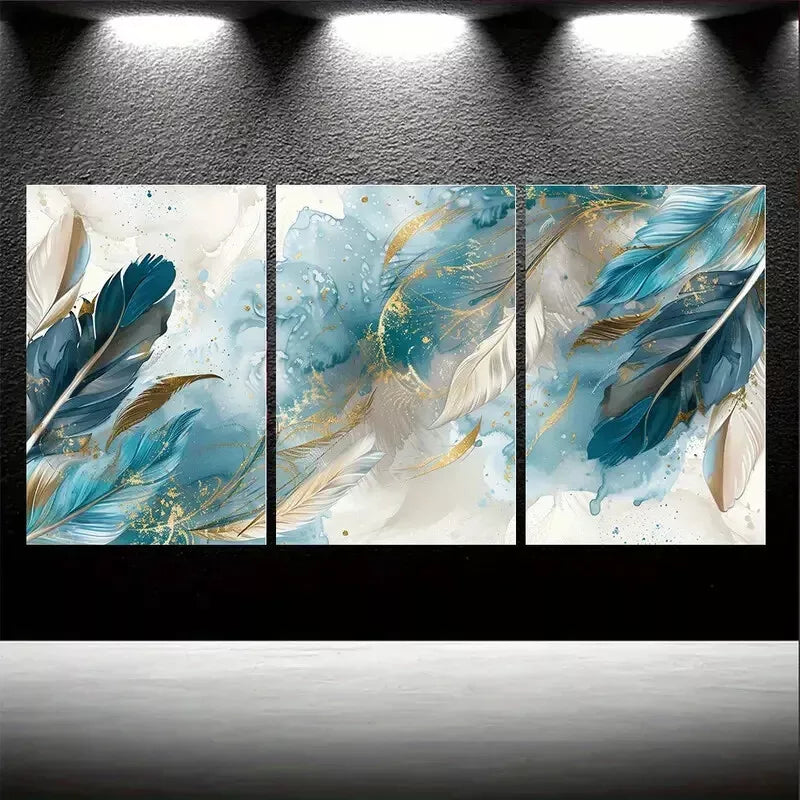 3pcs Blue & White Feathers Abstract Canvas Framed 40x60cm - High Quality Print 100% Australian Made Wall Canvas Ready to Hang
