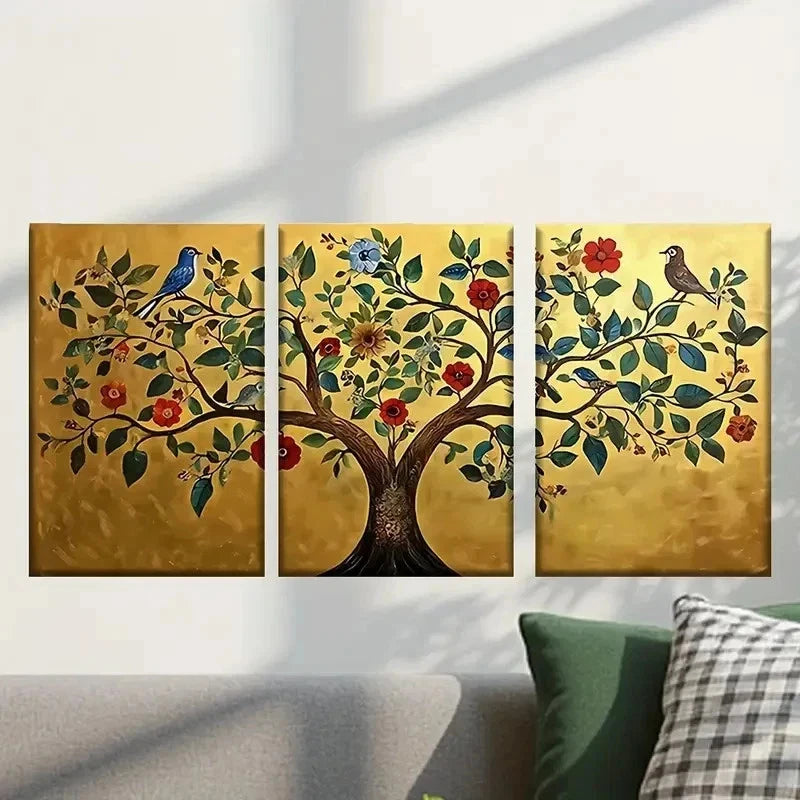 3pcs Tree with Birds and Colorful Flowers Wall Art Set Canvas Framed 40x60cm - High Quality Print 100% Australian Made Wall Canvas Ready to Hang