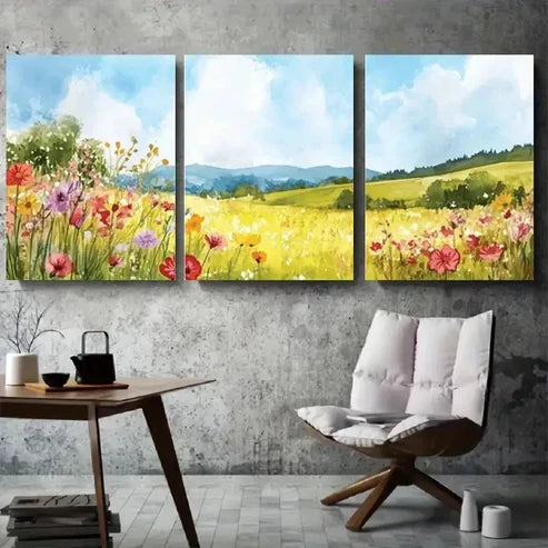 3pcs Colorful Poppy and Daisy Field Painting Wall Art Canvas Unframed - High Quality Print 100% Australian Made Wall Canvas
