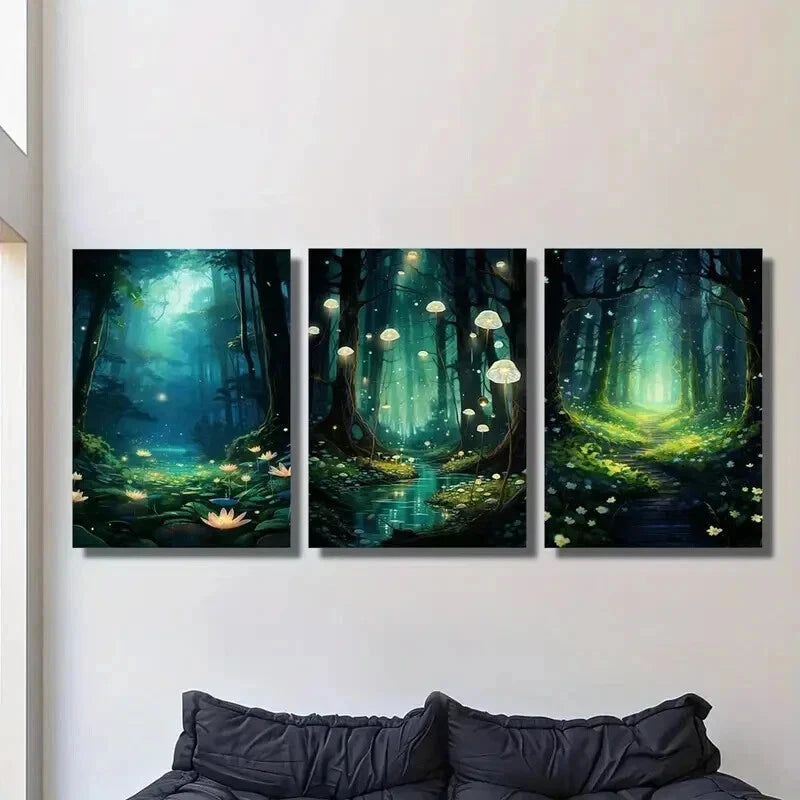 3pcs Fantasy Magic Landscape of a Stream Wall Art Set Canvas Framed 40x60cm - High Quality Print 100% Australian Made Wall Canvas Ready to Hang