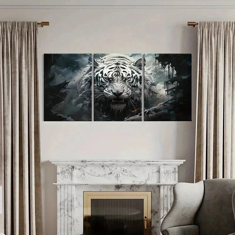 3pcs White Tiger Growling and Staring Wall Art Set Canvas Framed 40x60cm - High Quality Print 100% Australian Made Wall Canvas Ready to Hang