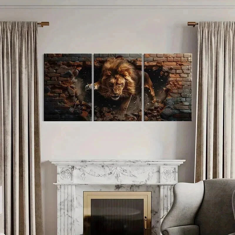 3pcs Majestic Lion Destroying Bricks Wall Art Set Canvas Framed 40x60cm - High Quality Print 100% Australian Made Wall Canvas Ready to Hang
