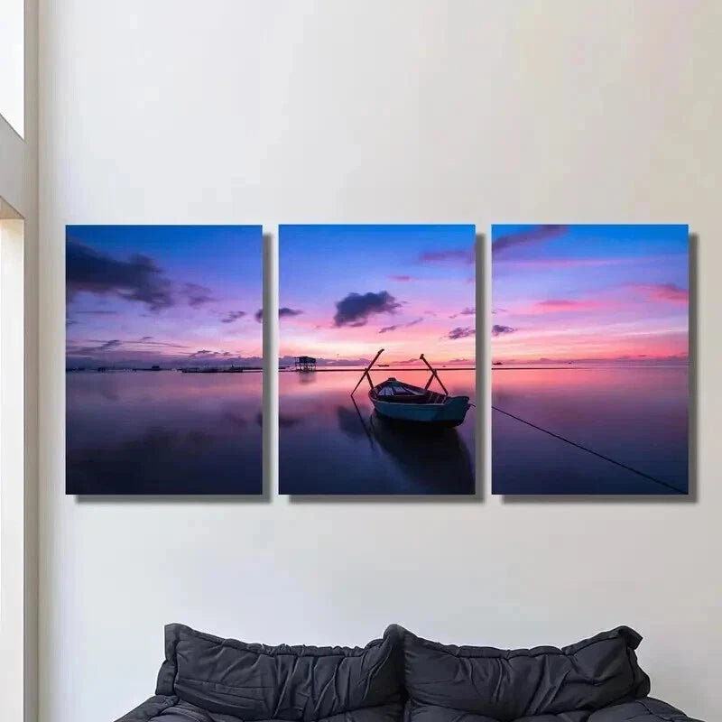 3pcs Ocean Environment Purple Sunset & Boat Wall Art Set Canvas Framed 40x60cm - High Quality Print 100% Australian Made Wall Canvas Ready to Hang