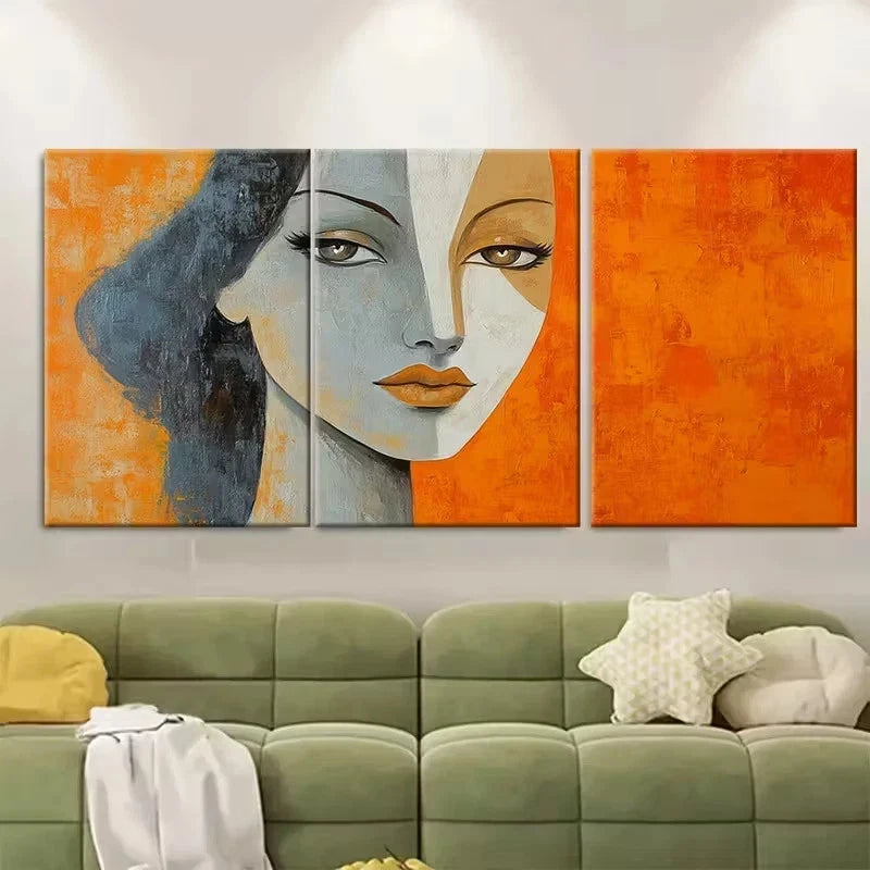 3pcs Orange and Beige Women Portrait Abstract Wall Art Set Canvas Framed 60x90cm - High Quality Print 100% Australian Made Wall Canvas Ready to Hang