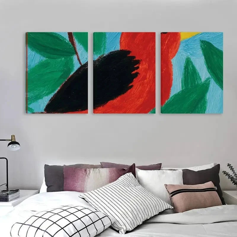 3pcs Red Bird with Black Wings & Yellow Beak Wall Art Set Canvas Framed 50x70cm - High Quality Print 100% Australian Made Wall Canvas Ready to Hang