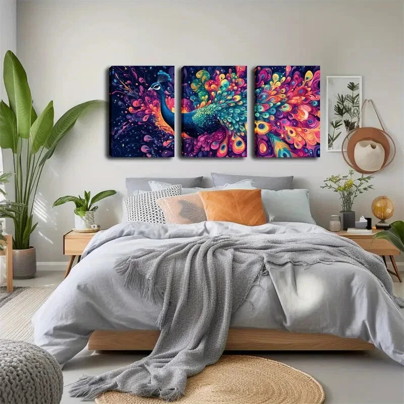 3pcs Vibrant Peacock Feathers In Blue Perfect Wall Art Set Canvas Framed 40x60cm - High Quality Print 100% Australian Made Wall Canvas Ready to Hang