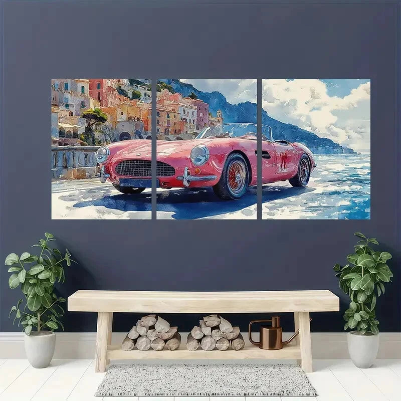 3pcs Retro Pink Italian Car on Coastal Road Wall Art Set Canvas Framed 40x60cm - High Quality Print 100% Australian Made Wall Canvas Ready to Hang
