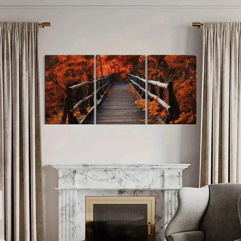 3pcs Vibrant Maple Leaf Bridge Scenery Wall Art Set Canvas Framed 40x60cm - High Quality Print 100% Australian Made Wall Canvas Ready to Hang