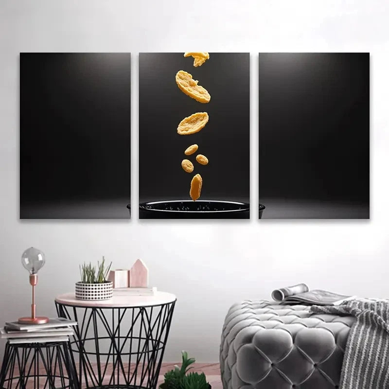 3pcs Black Bowl with Nachos Spray-Painted Wall Art Set Canvas Framed 60x90cm - High Quality Print 100% Australian Made Wall Canvas Ready to Hang