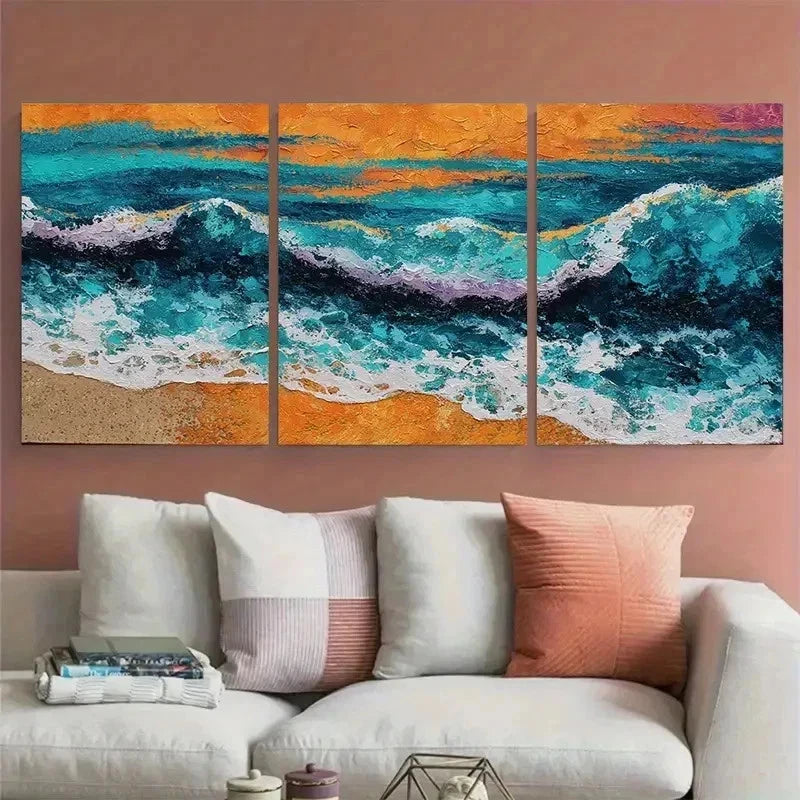 3pcs Orange Sunset Seascape Acrylic Perfect Wall Art Set Canvas Framed 40x60cm - High Quality Print 100% Australian Made Wall Canvas Ready to Hang