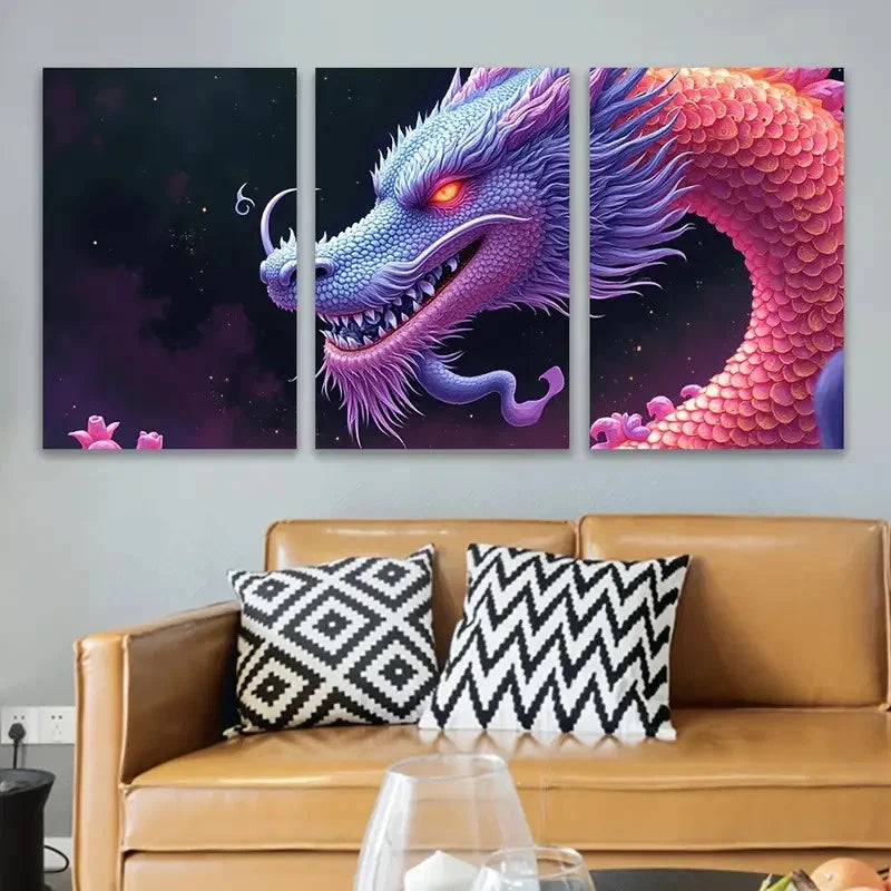 3pcs Vibrant Dragon Artwork Wall Art Set Canvas Framed 50x70cm - High Quality Print 100% Australian Made Wall Canvas Ready to Hang