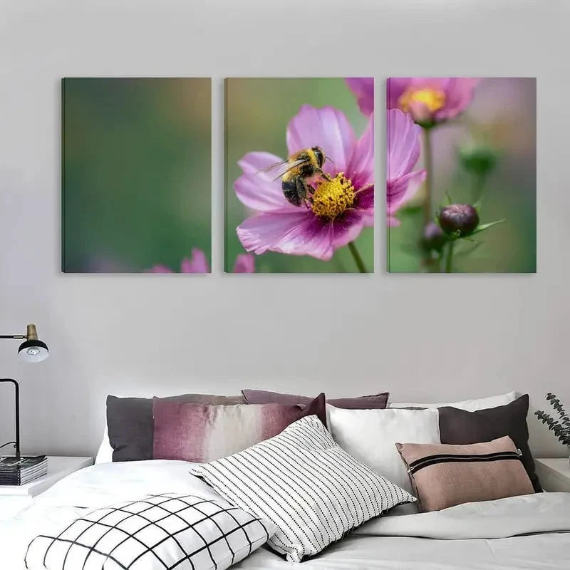 3pcs Bee on the Flower of a Pink Cosmos Plant Wall Art Set Canvas Framed 60x90cm - High Quality Print 100% Australian Made Wall Canvas Ready to Hang