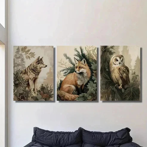 3pcs Wolf Fox Owl Natural Aesthetic Decoration Wall Art Set Canvas Unframed - High Quality Print 100% Australian Made Wall Canvas