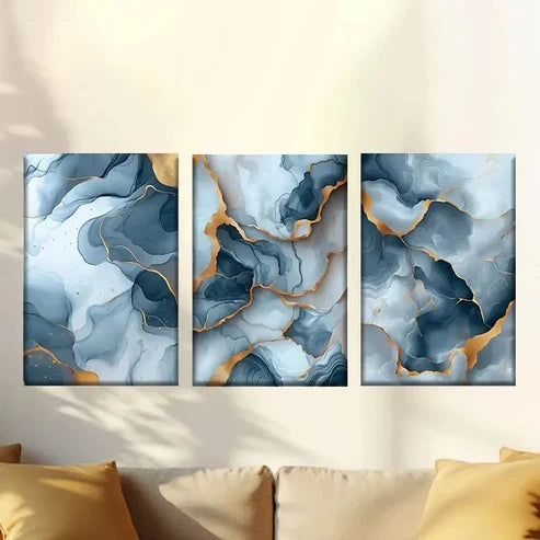 3pcs Abstract blue and Golden marble Wall Art Set Canvas Unframed - High Quality Print 100% Australian Made Wall Canvas