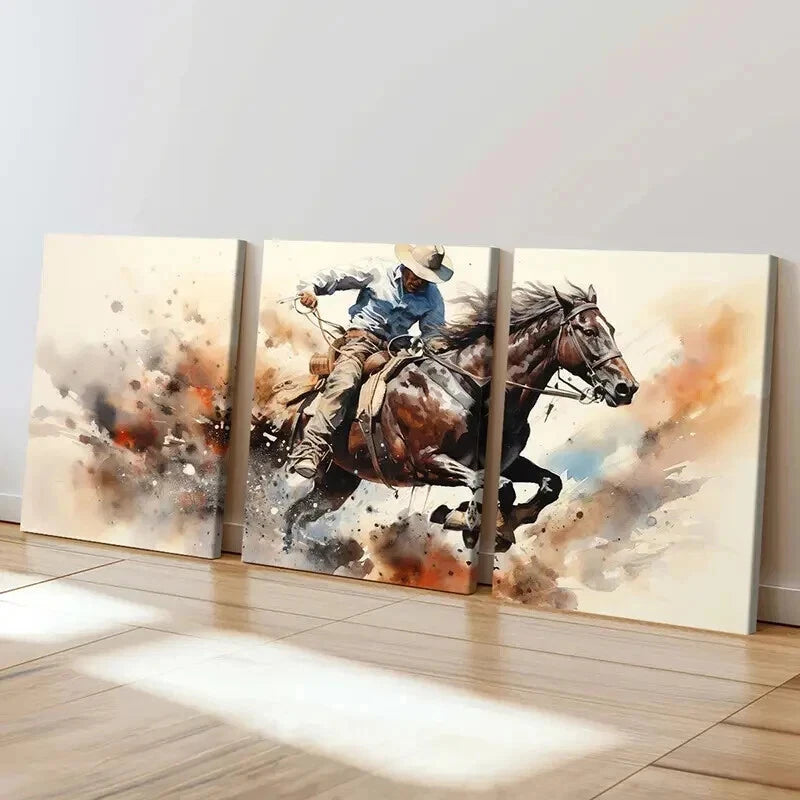 3pcs Abstract Animal Art Cowboy Horse Retro Wall Art Set Canvas Framed 40x60cm - High Quality Print 100% Australian Made Wall Canvas Ready to Hang