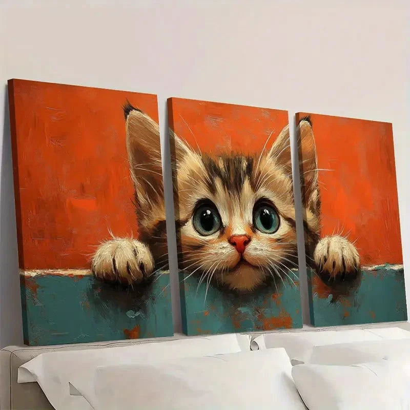 3pcs Adorable Cute Cat Vintage Aesthetic Wall Art Set Canvas Framed 50x70cm - High Quality Print 100% Australian Made Wall Canvas Ready to Hang