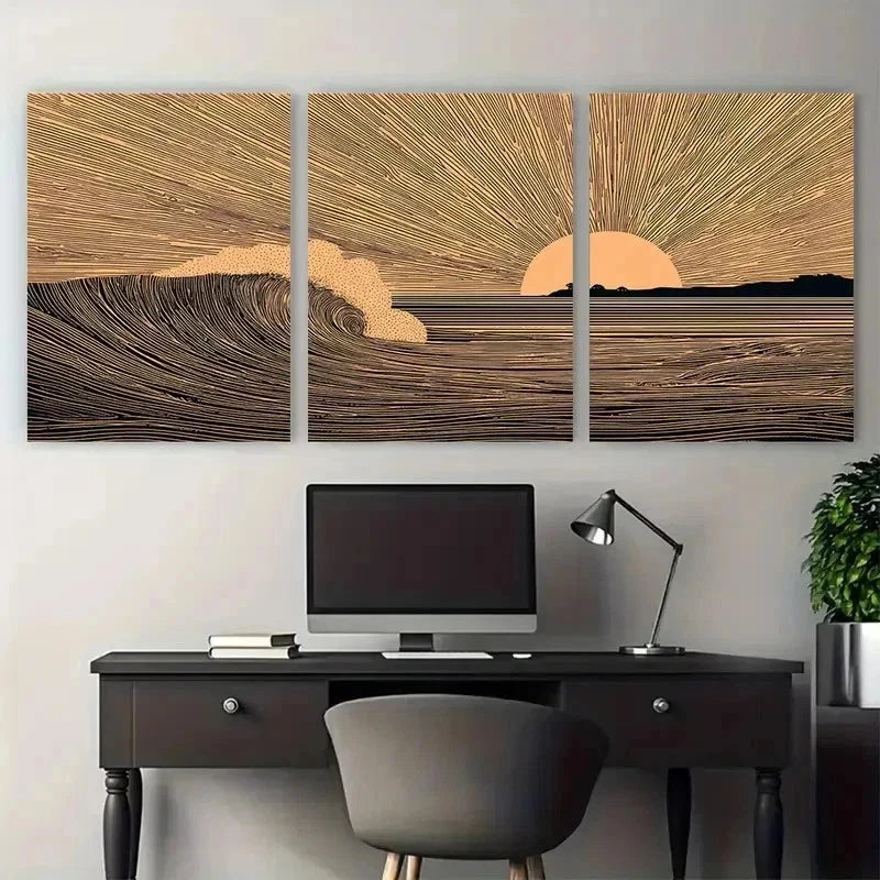 3pcs Minimalist Sunset & Surf Wave Perfect Wall Art Set Canvas Framed 50x70cm - High Quality Print 100% Australian Made Wall Canvas Ready to Hang