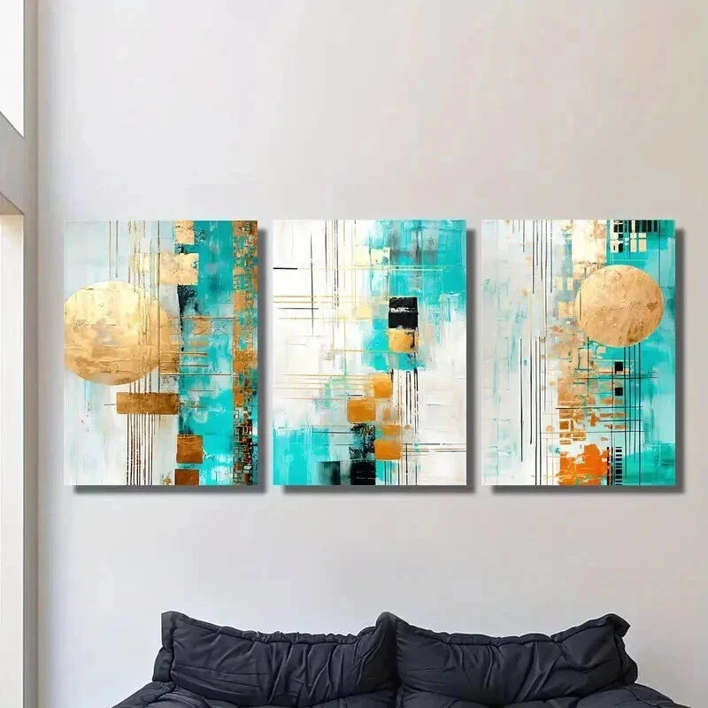 3pcs Geometric Design with Golden Accents Wall Art Set Canvas Framed 40x60cm - High Quality Print 100% Australian Made Wall Canvas Ready to Hang