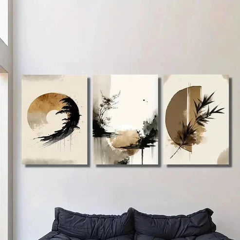 3pcs Natural Beige Wash Leaf & Zen Landscape Wall Art Set Canvas Unframed - High Quality Print 100% Australian Made Wall Canvas