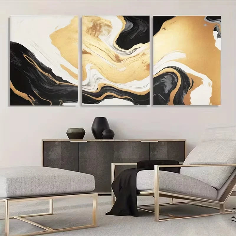 3pcs Luxury Black and White Golden Abstract Wall Art Set Canvas Framed 60x90cm - High Quality Print 100% Australian Made Wall Canvas Ready to Hang
