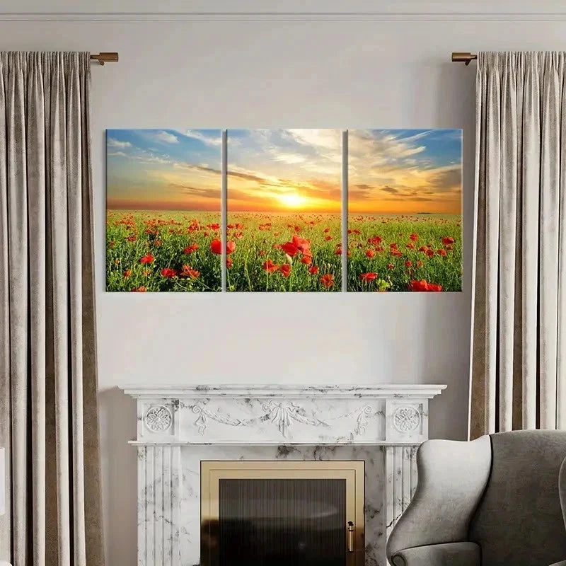 3pcs Flower Field Sunset Natural Wall Art Set Canvas Framed 40x60cm - High Quality Print 100% Australian Made Wall Canvas Ready to Hang
