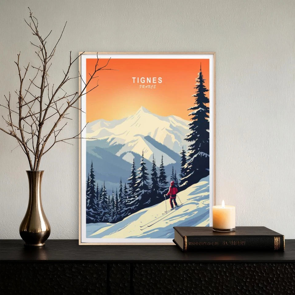 Tignes France, Skiing Man in Pine Forest Travel Poster Print Wall Art