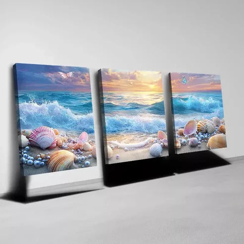 3pcs Beautiful Seashell and Ocean Sunset Wall Art Set Canvas Unframed - High Quality Print 100% Australian Made Wall Canvas