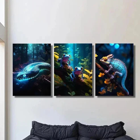 3pcs Blue Glowing Snake Frog & Chameleon Wall Art Canvas Unframed – High Quality Print 100% Australian Made Wall Canvas