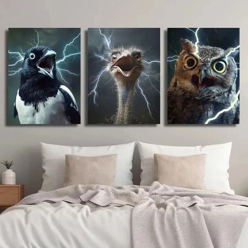 3pcs Magpie Ostrich Owl with Lightning Wall Art Set Canvas Framed 50x70cm - High Quality Print 100% Australian Made Wall Canvas Ready to Hang