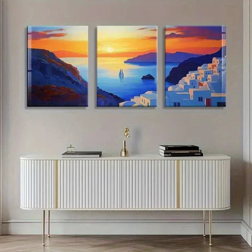 3pcs Vibrant Seascape Santorini Sunset Perfect Wall Art Canvas Unframed - High Quality Print 100% Australian Made Wall Canvas