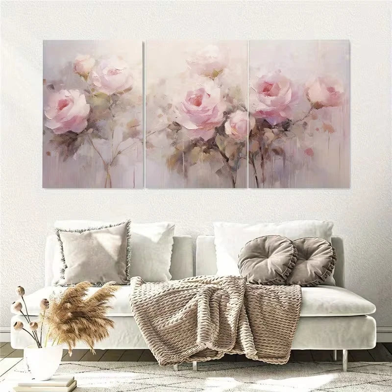 3pcs Pink Rose Flower Painting Spring Flower Wall Art Set Canvas Framed 50x70cm – High Quality Print 100% Australian Made Wall Canvas Ready to Hang
