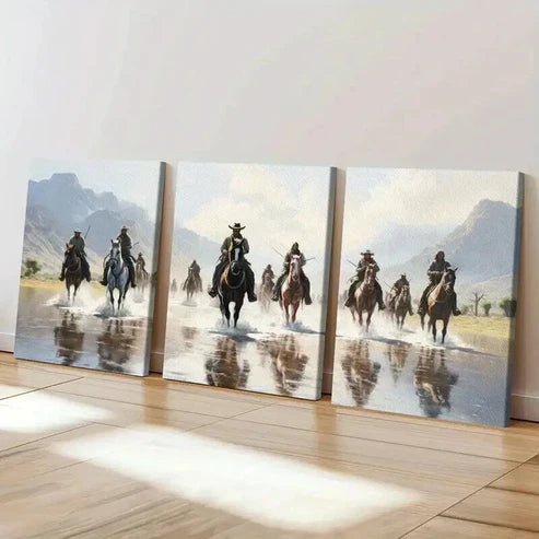 3pcs Western American Cowboys Riding Horses Wall Art Set Canvas Unframed - High Quality Print 100% Australian Made Wall Canvas