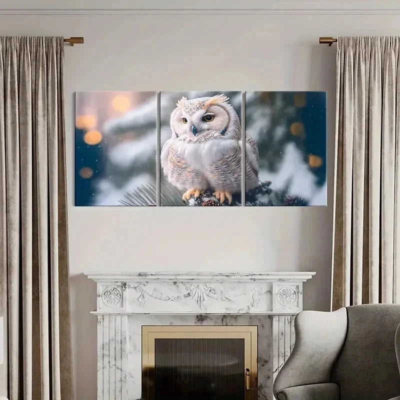 3pcs Snowy Owl in Forest Scene Decor Wall Art Set Canvas Framed 40x60cm - High Quality Print 100% Australian Made Wall Canvas Ready to Hang