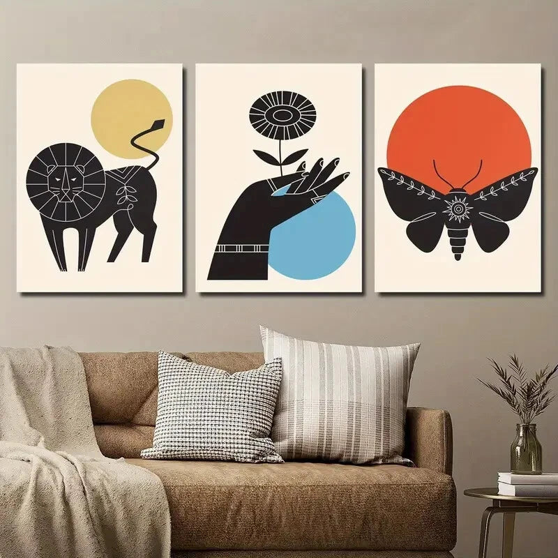 3pcs Geometric Lion Butterfly & Floral Perfect Wall Art Set Canvas Framed 40x60cm - High Quality Print 100% Australian Made Wall Canvas Ready to Hang