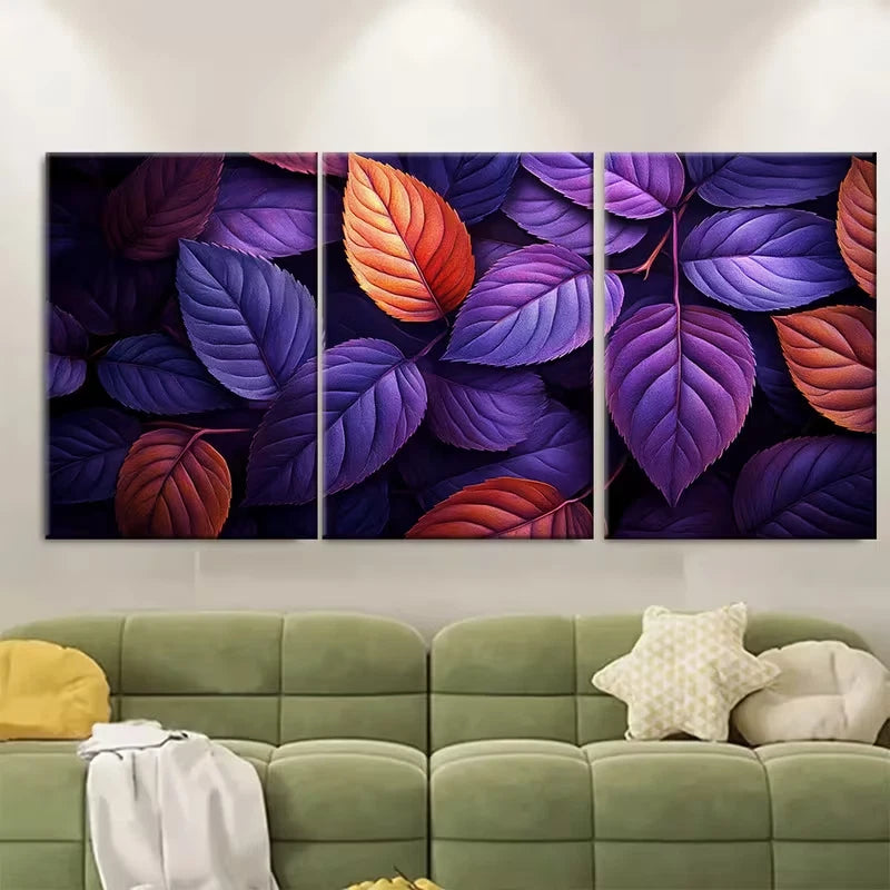3pcs Purple And Brownish Orange Leaves Wall Art Set Canvas Framed 60x90cm - High Quality Print 100% Australian Made Wall Canvas Ready to Hang