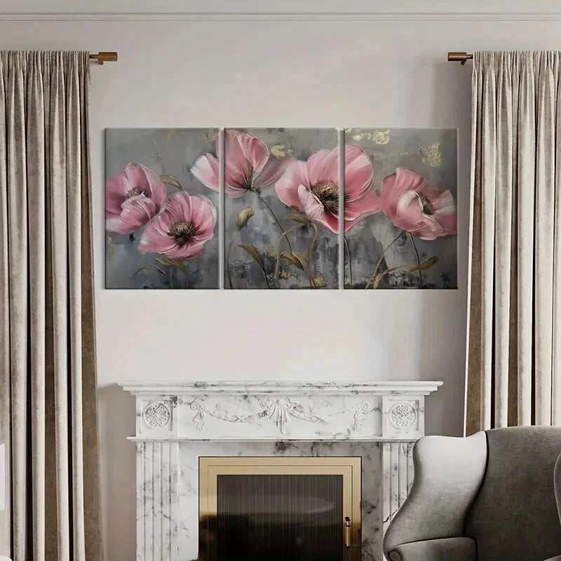 3pcs Abstract Pink Golden Flowers Vintage Wall Art Set Canvas Framed 40x60cm - High Quality Print 100% Australian Made Wall Canvas Ready to Hang