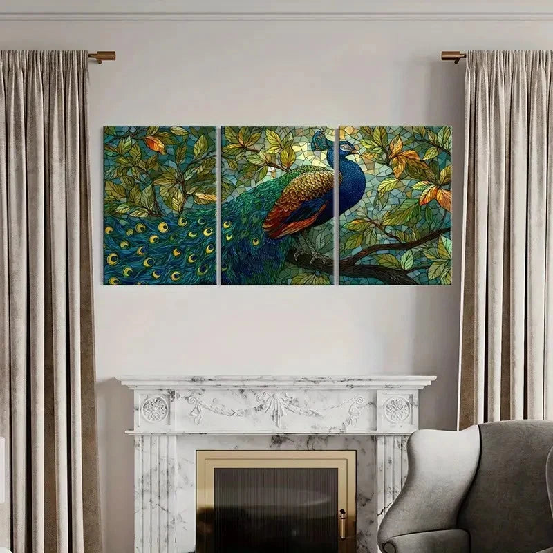 3pcs Vibrant Colors Glass Peacock Art Wall Art Set Canvas Framed 60x90cm - High Quality Print 100% Australian Made Wall Canvas Ready to Hang