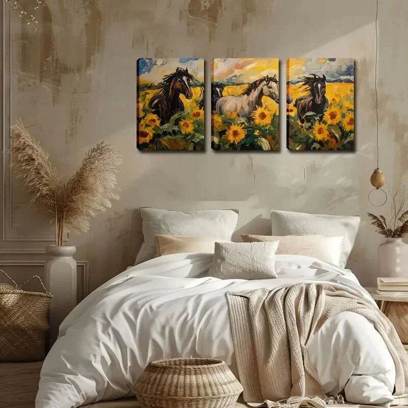 3pcs Horse and Sunflower Field Scene Perfect Wall Art Set Canvas Framed 40x60cm - High Quality Print 100% Australian Made Wall Canvas Ready to Hang