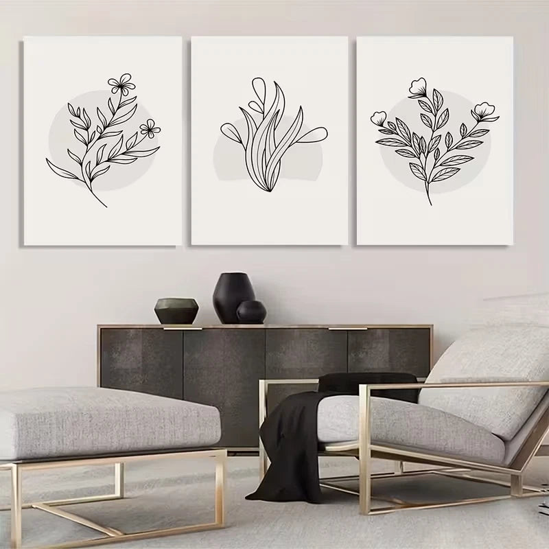 3pcs Minimalist Gray Botanical line drawings Wall Art Set Canvas Framed 50x70cm - High Quality Print 100% Australian Made Wall Canvas Ready to Hang