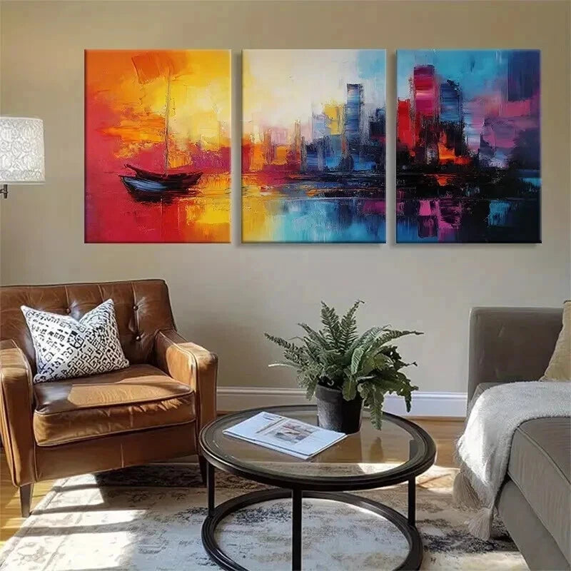 3pcs Vibrant Abstract Cityscape Sunset Perfect Wall Art Set Canvas Framed 40x60cm - High Quality Print 100% Australian Made Wall Canvas Ready to Hang